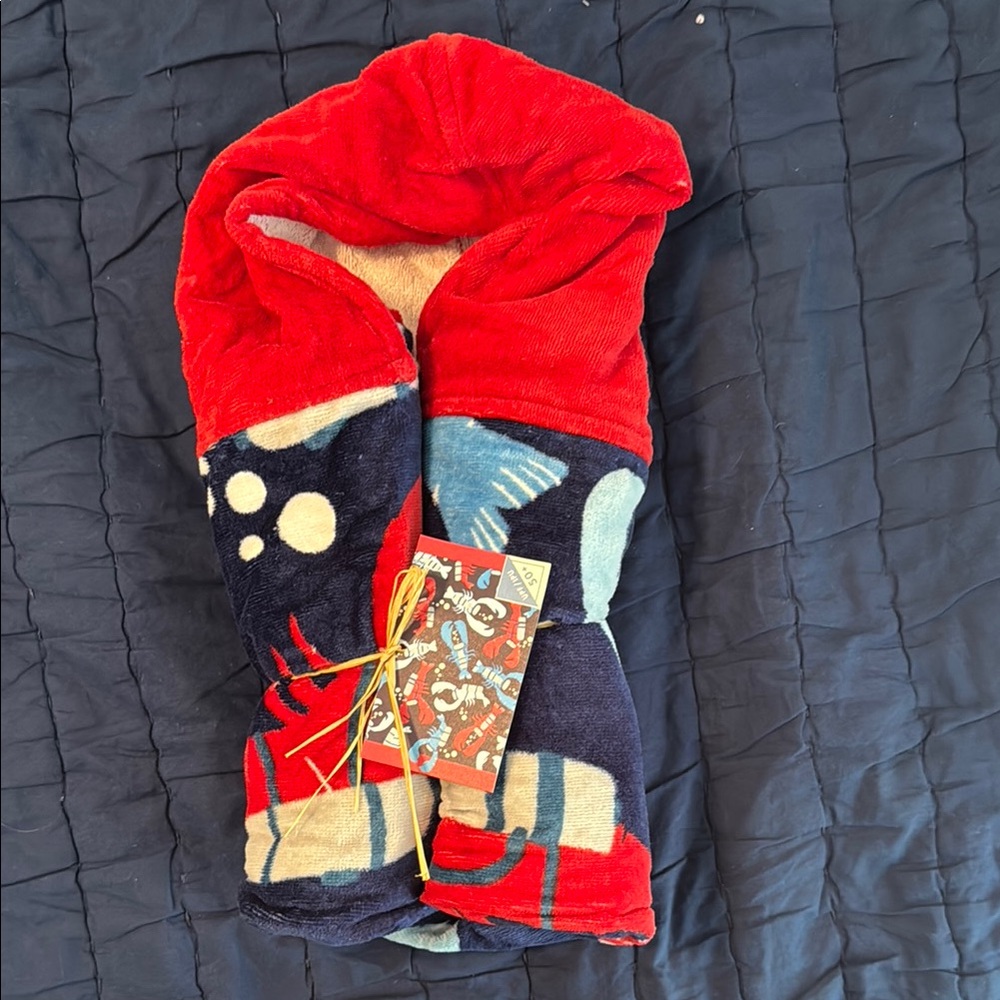 Pottery Barn Kids Red and Blue Lobster Themed Hooded Beach Towel